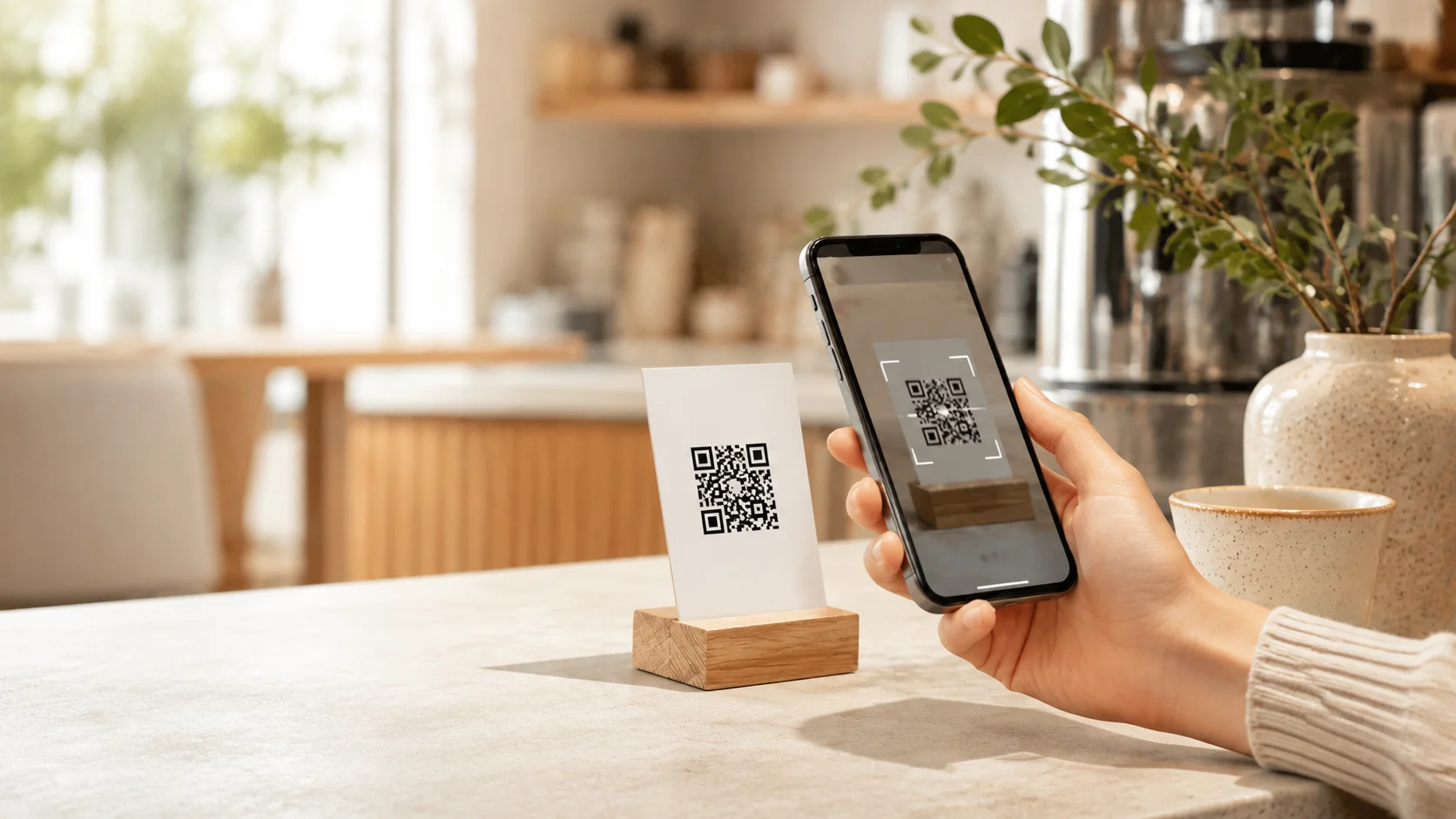 A customer scanning a DirectMyLead QR code at a café